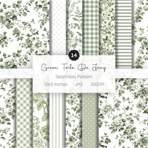 May include: A collection of 14 seamless patterns in shades of green and white. Designs include floral, polka dots, gingham, stripes, and botanical prints. The text reads "Green Toile De Jouy Seamless Pattern 12x12 Inches JPG 300DPI".