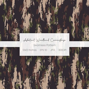 Può includere: Motivo mimetico astratto della foresta senza cuciture nelle tonalità del marrone, verde e beige. Il design presenta un motivo ripetuto di 30,48 cm x 30,48 cm. L'immagine include il testo "Abstract Woodland Camouflage" e "Seamless Pattern".
