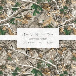 Pode incluir: Padrão sem costura com um design de camuflagem de árvore realista. O padrão inclui galhos de árvores marrons, folhas verdes e marrons e um fundo neutro. O texto da imagem diz "Ultra Realistic Tree Camo Seamless Pattern 12x12 Inches JPG 300DPI."