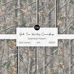 May include: Seamless pattern featuring a realistic oak tree camouflage design. The pattern includes branches, leaves, and bark in shades of brown, green, and gray. The image is 12x12 inches and is a JPG file at 300 DPI. The text reads "Oak Tree Hunting Camouflage".