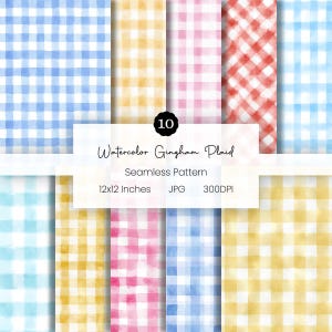 Puede incluir: Una colección de diez patrones sin costuras de cuadros de vichy en acuarela, en varios colores como azul, amarillo, rosa y rojo. Los patrones miden 30,48 x 30,48 cm. El texto indica archivos JPG a 300 DPI.