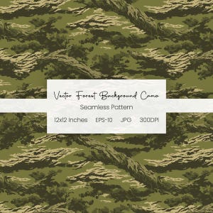 May include: Seamless forest camouflage pattern in shades of green and tan. The design features a repeating pattern of abstract shapes resembling foliage and terrain. The image includes the text "Vector Forest Background Camo", "Seamless Pattern", and dimensions of 12x12 inches.