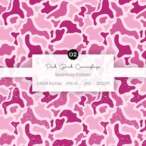 May include: A seamless pattern featuring a pink duck camouflage design with varying shades of magenta and light pink. A central white rectangular label displays the text 02, Pink Duck Camouflage, Seamless Pattern, 24x24 Inches, EPS-10, JPG, 300DPI.