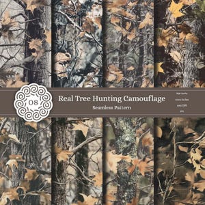 May include: A seamless pattern featuring a realistic tree camouflage design. The pattern incorporates various shades of brown, gray, and green, with detailed depictions of tree bark, branches, and fallen leaves. The image includes the text "Real Tree Hunting Camouflage Seamless Pattern".