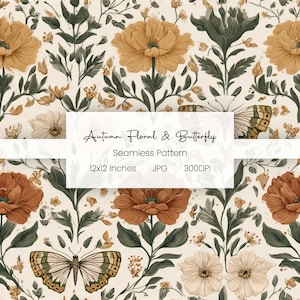 May include: A seamless pattern with an autumnal theme, featuring flowers and butterflies in gold, brown, and green on a cream backdrop. The design includes large flowers, leaves, and butterflies. The text "Autumn Floral & Butterfly" is displayed.