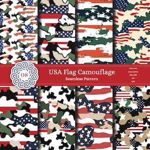 May include: Set of six seamless patterns featuring a camouflage design with the American flag colours of red, white, and blue. The patterns are high quality, 12x12 inches, 300 DPI, and available in JPG and EPS formats.