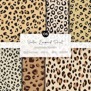May include: Six seamless vector leopard print patterns in various shades of brown and black spots on a beige background. The image includes the text "Vector Leopard Print" and "Seamless Pattern".