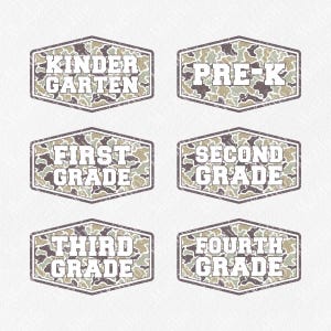 May include: Six hexagonal labels featuring a camouflage pattern in shades of green, brown, and tan. Each label contains white block text reading KINDERGARTEN, PRE-K, FIRST GRADE, SECOND GRADE, THIRD GRADE, and FOURTH GRADE with a distressed texture.