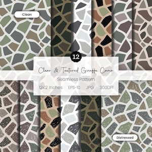 May include: A collection of 12 seamless patterns with a giraffe camo design. The patterns feature a clear and textured design in various color palettes, including green, brown, and gray. Each pattern is 12x12 inches and available in EPS-10 and JPG formats.