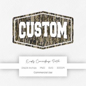 May include: A hexagonal patch featuring a camouflage pattern in shades of brown, green, and black with the word CUSTOM printed in bold white capital letters. The design includes a thin white border and is presented as a digital file graphic.