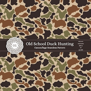May include: A seamless camouflage pattern in shades of brown, green, and black on a tan background. The design is reminiscent of classic duck hunting patterns. The image includes the text "Old School Duck Hunting" and "12x12 Inches".