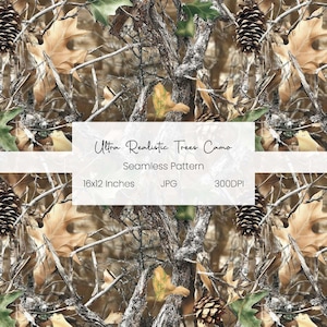 May include: A seamless pattern with a realistic tree camouflage design. The pattern includes tree branches, leaves, and pine cones in shades of brown, green, and beige. The image is 40.64 x 30.48 cm.