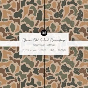 May include: A seamless pattern featuring a classic old-school camouflage design. The pattern includes shapes in shades of brown, green, and tan, with a distressed texture. The image also includes the text "Classic Old School Camouflage" and "Seamless Pattern".