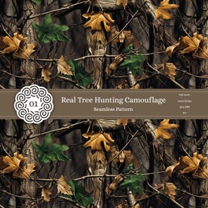 Könnte beinhalten: Nahtloses Muster mit realistischem Baum-Tarnmuster. Es zeigt braune Baumrinde, Äste und Blätter in Grün und Gold. Der Text lautet "Real Tree Hunting Camouflage Seamless Pattern".