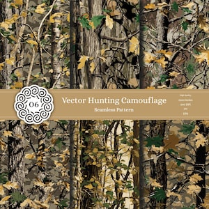 Könnte beinhalten: Nahtloses Vektor-Jagd-Tarnmuster mit einer Waldszene mit Baumstämmen, Ästen und Blättern in Braun-, Grün- und Gelbtönen. Das Design enthält den Text "Vector Hunting Camouflage Seamless Pattern".