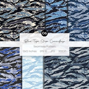 Peut inclure: Plusieurs motifs sans couture avec un motif de camouflage à rayures de tigre bleues. Les motifs présentent différentes nuances de bleu et de noir, avec un motif de rayures répétées. L'image comprend le texte "Blue Tiger Stripe Camouflage" et "Seamless Pattern". Chaque motif mesure 30,48 x 30,48 cm.