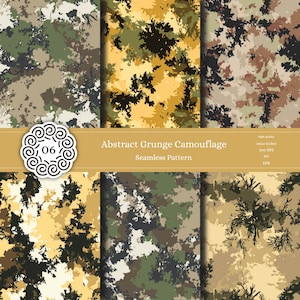 May include: A set of three seamless camouflage patterns in green, brown, yellow, and black. The patterns are abstract and have a grunge look. The text "Abstract Grunge Camouflage Seamless Pattern" is at the top of the image. The text "High Quality 18x12 Inches 300 DPI PNG EPS" is at the top right of the image.
