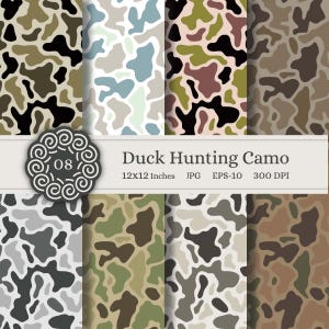 May include: Eight camouflage patterns in shades of green, brown, black, and grey. The patterns are displayed on sheets measuring 30.48 x 30.48 cm. The text "Duck Hunting Camo" is displayed on a banner.