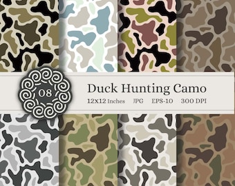 May include: A collection of eight camouflage patterns in various color schemes, including green, brown, black, and gray. The patterns are displayed on 12x12 inch sheets. The text "Duck Hunting Camo" is displayed on a banner.