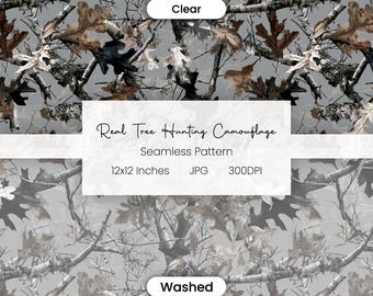 May include: A seamless camouflage pattern with a realistic tree design. The pattern incorporates branches, leaves, and bark in grey, brown, and black hues. The text "Real Tree Hunting Camouflage" is visible, along with the dimensions of 30.48 x 30.48 cm.