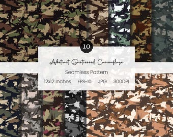 Distressed Camouflage Digital Paper | Seamless Vector Camo Pattern | Hunting Background | Woodland Camo | Military Texture EPS, JPG, 300 DPI