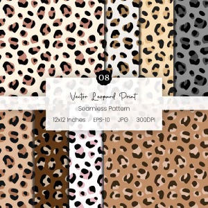May include: A collection of eight seamless leopard print patterns in various color schemes. The patterns feature spots in shades of brown, black, pink, and gray on backgrounds of cream, tan, and brown. The image includes text that reads "Vector Leopard Print, Seamless Pattern, 12x12 Inches, EPS-10, JPG, 300DPI."