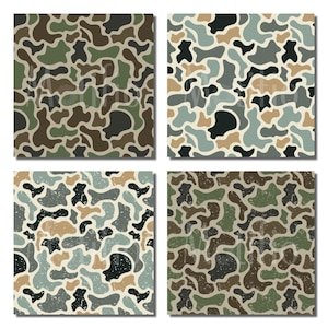 May include: Four square images showcasing a camouflage pattern in various color schemes. The patterns feature organic shapes in shades of green, brown, beige, and black, with a slightly distressed texture.
