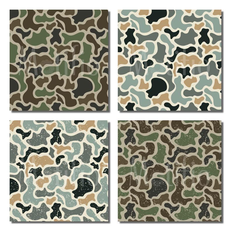 May include: Four square images showcasing a camouflage pattern in various color schemes. The patterns feature organic shapes in shades of green, brown, beige, and black, with a slightly distressed texture.