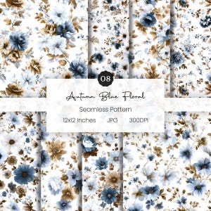 May include: A collection of seamless floral patterns in shades of blue, white, and brown. The patterns feature various flower designs on a white background. Text on the image reads "Autumn Blue Floral" and "12x12 Inches".