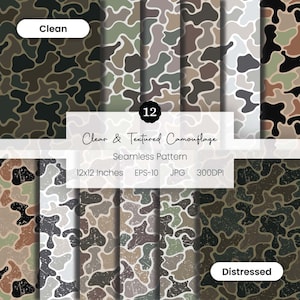 Può includere: Una collezione di 12 motivi mimetici senza cuciture in varie tonalità, tra cui verde, marrone e grigio. I motivi sono etichettati "Clean" e "Distressed" e misurano 30,48 x 30,48 cm. È presente anche il testo "Clear & Textured Camouflage".