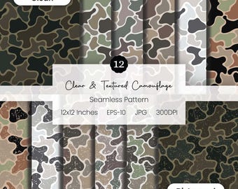 Clean Textured Camouflage Seamless Pattern Bundle | 12 Vector Camo Digital Papers 12x12 | Old School Camouflage Design | Vintage | Woodland