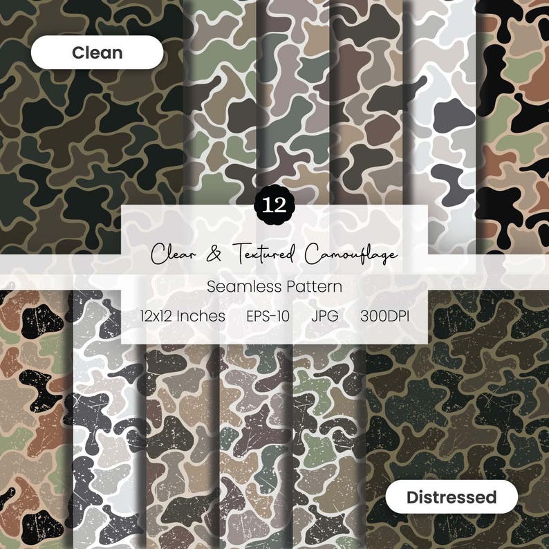 Clean Textured Camouflage Seamless Pattern Bundle | 12 Vector Camo ...