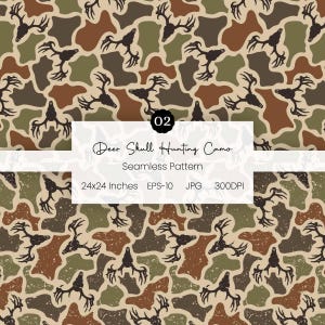 May include: A seamless pattern featuring a deer skull hunting camo design with brown, tan, and olive green organic shapes. The text reads 02 Deer Skull Hunting Camo Seamless Pattern 24x24 Inches EPS-10 JPG 300DPI. The design repeats across the image.