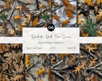 Realistic Oak Tree Camo Seamless Pattern Bundle | 6 Hunting Digital Papers | Hunting Camouflage Background | Woodland Camo | Deer Hunting