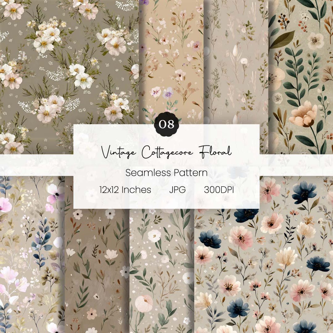 8 Vintage Cottagecore Floral Seamless Patterns - Digital Paper Pack ...