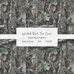 May include: A seamless pattern with a washed real tree camo design. The pattern features realistic depictions of tree bark, branches, and leaves in shades of brown, green, and grey. The pattern is 30.48 x 30.48 cm.