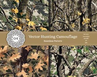 May include: Four panels of vector hunting camouflage patterns. The designs feature tree branches, leaves, and bark in shades of brown, green, and yellow. The text "Vector Hunting Camouflage Seamless Pattern" is displayed on a brown banner.