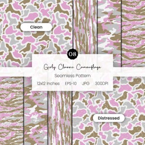 May include: A digital art image showcasing a seamless pattern collection. The patterns feature a girly classic camouflage design in pink, gray, and brown. The image includes the text "Girly Classic Camouflage" and "Seamless Pattern". The patterns are 12x12 inches.