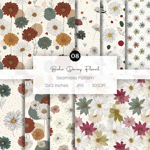 May include: A collection of seamless patterns featuring daisy floral designs in various colors. The patterns include white, brown, and green daisies on a cream background. The image includes the text "Boho Daisy Floral Seamless Pattern 12x12 Inches JPG 300DPI".