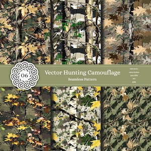 Pode incluir: Três padrões de camuflagem de caça vetoriais sem costura em verde, marrom e amarelo. Os padrões apresentam folhas, galhos e troncos de árvores. O texto "Vector Hunting Camouflage Seamless Pattern" é exibido na parte superior da imagem.