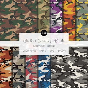Könnte beinhalten: Eine Sammlung von zehn nahtlosen Woodland-Camouflage-Mustern in verschiedenen Farbschemata. Die Muster umfassen klassische Grün- und Brauntöne sowie einzigartige Kombinationen aus Lila, Orange und Blau. Jedes Muster ist 30,48 x 30,48 cm groß.