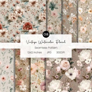 May include: A collection of eight seamless patterns featuring vintage watercolor floral designs. The patterns showcase various floral arrangements in shades of cream, peach, burgundy, and green, with a beige background. The image includes text that reads "Vintage Watercolor Floral" and "12x12 Inches".