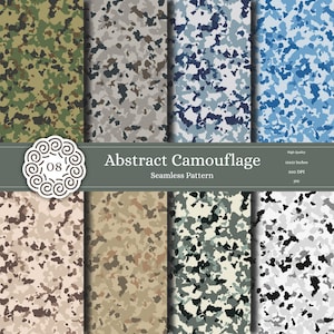 May include: An assortment of eight abstract camouflage seamless patterns in various color schemes. The patterns include shades of green, gray, blue, brown, and black. The image includes the text "Abstract Camouflage Seamless Pattern".
