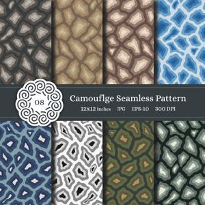 Puede incluir: Una colección de ocho patrones de camuflaje sin costuras en varios esquemas de color, incluyendo tonos de marrón, azul, verde y gris. Los patrones presentan formas orgánicas e irregulares. La imagen incluye el texto "Camouflage Seamless Pattern" y dimensiones de 30,48 x 30,48 cm.