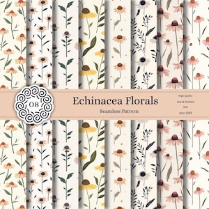 May include: A collection of seamless patterns featuring Echinacea florals. The designs showcase various arrangements of flowers in shades of yellow, pink, and white, with green leaves against a cream background. The image includes text that reads "Echinacea Florals Seamless Pattern" and "12x12 Inches".