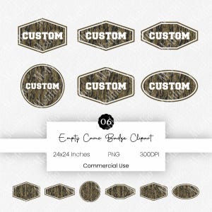 Può includere: Una collezione di grafiche per badge digitali con un motivo mimetico marrone e verde. Il set include varie forme come esagoni, cerchi e ovali, ognuna delle quali mostra la parola CUSTOM in lettere bianche con un bordo scuro.