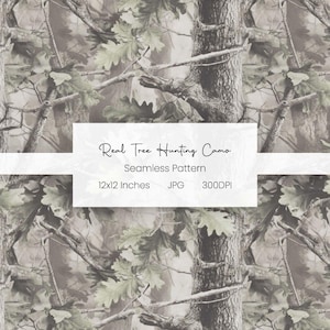 May include: Seamless pattern featuring a realistic tree camouflage design. The pattern includes tree trunks, branches, and leaves in shades of brown, green, and gray. The image text reads "Real Tree Hunting Camo" and "12x12 Inches".