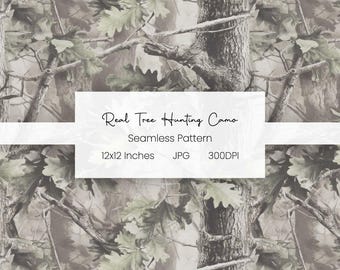 May include: A seamless pattern with a realistic tree camouflage design. The pattern shows tree trunks, branches, and leaves in brown, green, and grey. The image text reads "Real Tree Hunting Camo" and "12x12 Inches".