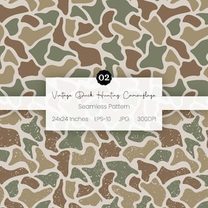 May include: A seamless pattern featuring a vintage duck hunting camouflage design with irregular brown, olive green, and tan shapes. A central white label displays the text 02, Vintage Duck Hunting Camouflage, Seamless Pattern, 24x24 Inches, EPS-10, JPG, 300DPI.