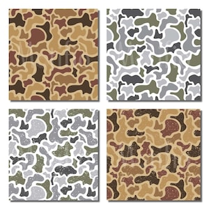May include: Four square images showcasing different camouflage patterns. The patterns feature organic shapes in various color palettes, including browns, greens, grays, and tans. Each pattern has a unique arrangement and texture, suitable for various applications.